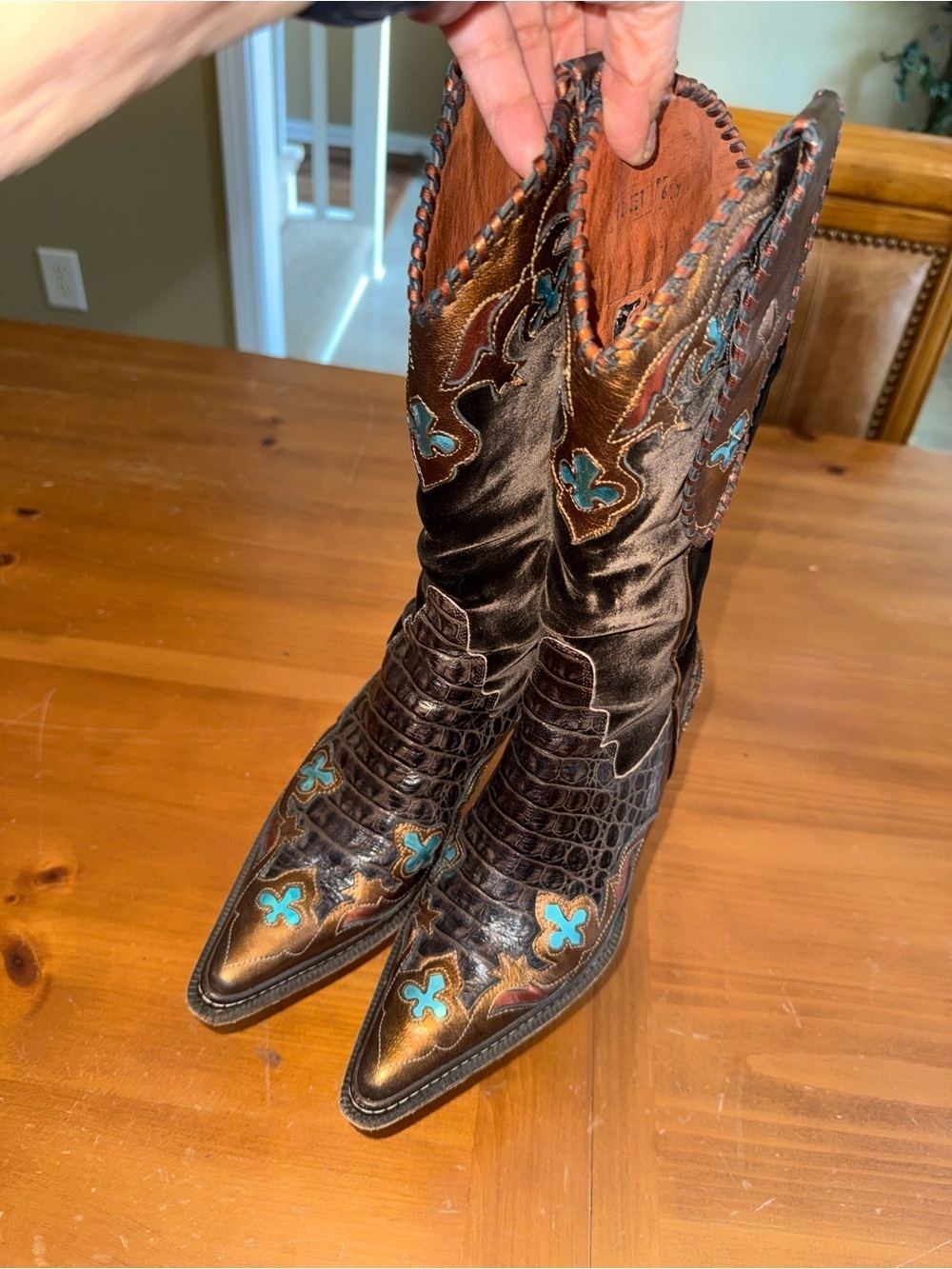 Vintage Donald J Pliner Western Cowboy Leather Croc Boots 6.5 Turquoise Italy